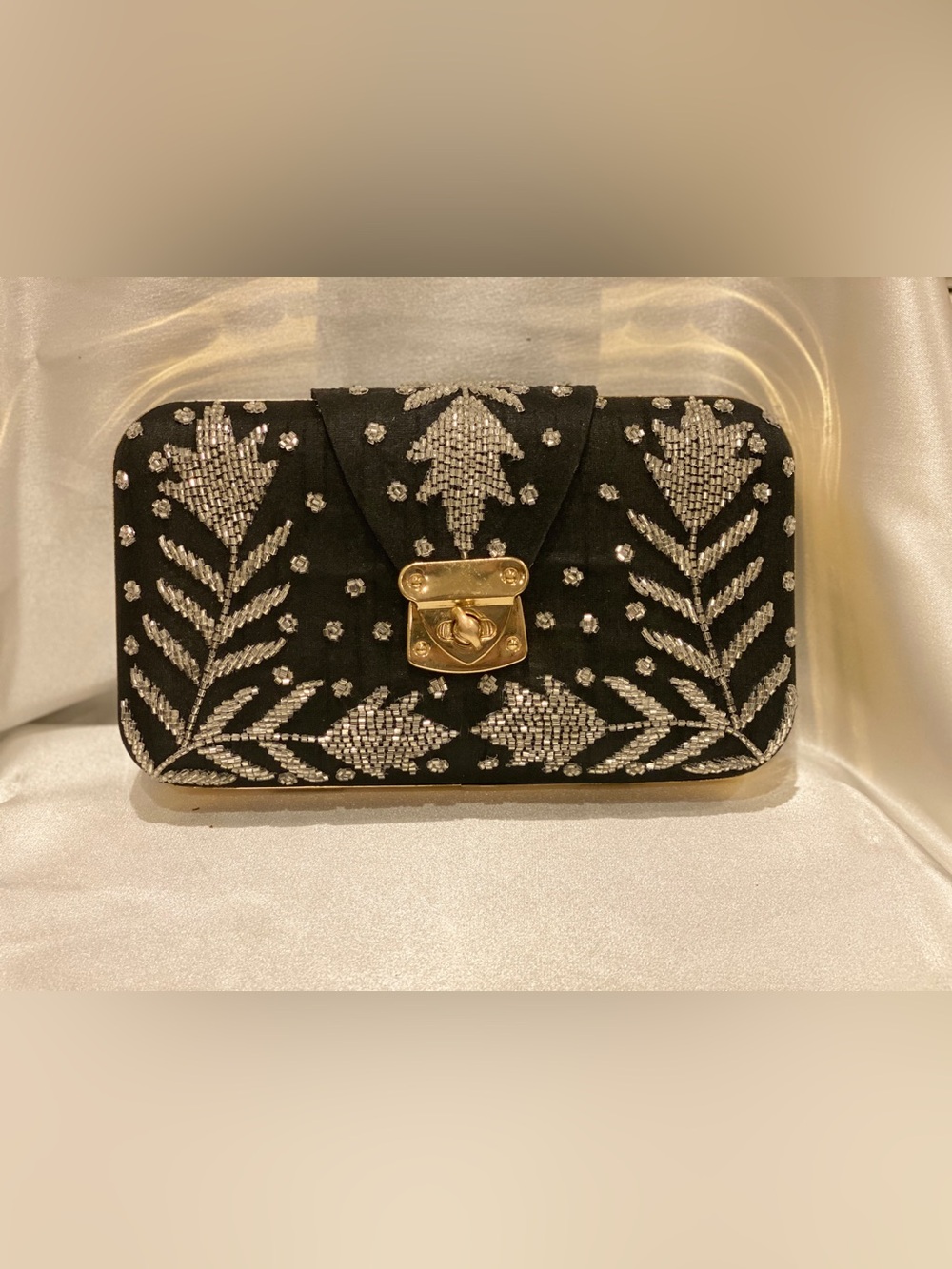 Black Embellished Evening Clutch with Gold Tone Lock